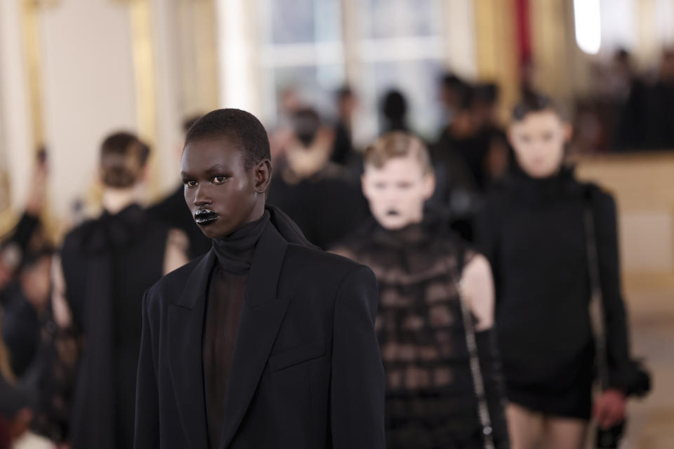 A model wears a creation as part of the Valentino Fall/Winter 2024-2025 ready-to-wear collection presented Sunday, March 3, 2024 in Paris. (Photo by Vianney Le Caer/Invision/AP)