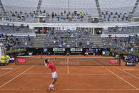 Serbia's Novak Đjoković serves the ball to Argentina's Diego Sebastián Schwartzman during their final match at the Italian Open tennis tournament, in Rome, Monday, Sept. 21, 2020. (Alfredo Falcone/LaPresse via AP)