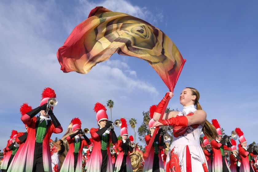 Rosemount High School Marching Band perform along Colorado Boulevard during the 134th Tournament of Rose Parade on Monday, January 2, 2023 in Pasadena, . (Photo by Ringo Chiu / For The Times)