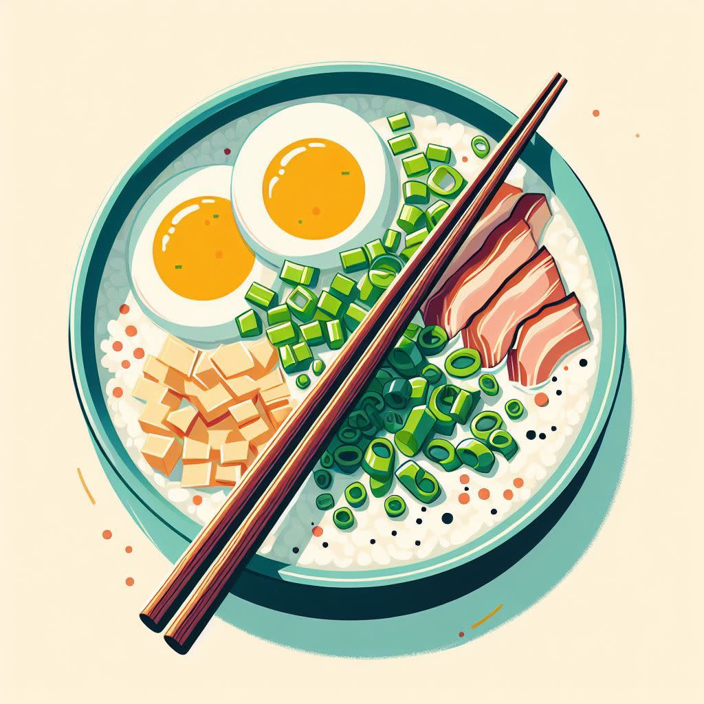illustration of congee with eggs, pork, and other toppings by bing image creator