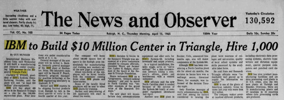 April 15, 1965 lead article in The News & Observer