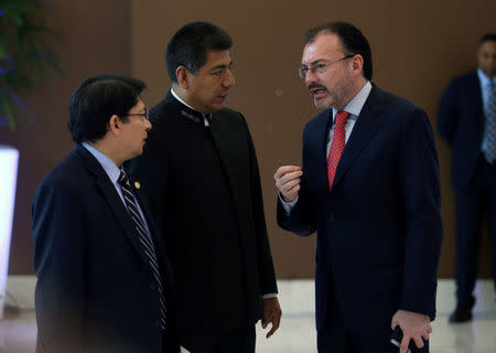 Mexico's Foreign Minister Luis Videgaray (R) talks with his counterparts from Nicaragua Denis Moncada (L) and Bolivia, Fernando Huanacuni, during a round of talks with delegates of President Nicolas Maduro's government and Venezuela's opposition coalition, in Santo Domingo, Dominican Republic January 12, 2018. REUTERS/Roberto Guzman