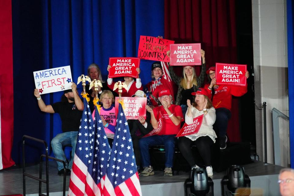 Donald Trump supporters cheer during a campaign rally on Wednesday, May 1, 2024 at the Waukesha County Expo Center in Waukesha, Wis.