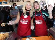 <p>Malin Akerman (left) and January Jones flash smiles while serving food at the Los Angeles Mission's annual Thanksgiving event on Nov. 24.</p>