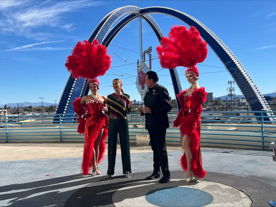 CBS’S Natalie Morales dived nearly 830 feet Friday from Sky Jump Las Vegas at The STRAT. The thrilling morning was filmed for a promotional shoot to air Feb. 5, complete with showgirls and Mr. Las Vegas himself, Wayne Newton. (Lauren Negrete / KLAS)