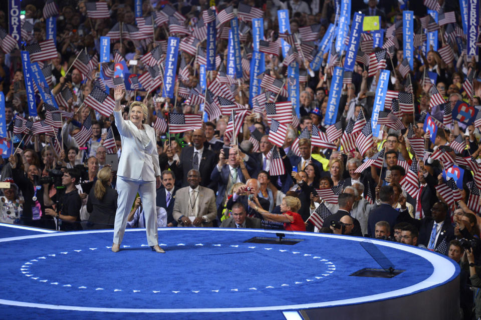 <p>Democratic presidential nominee Hillary Clinton waves to supporters as she walks on stage before her speech during the final day of the Democratic National Convention in Philadelphia, July 28, 2016. (Photo: Mark J. Terrill/AP)</p>