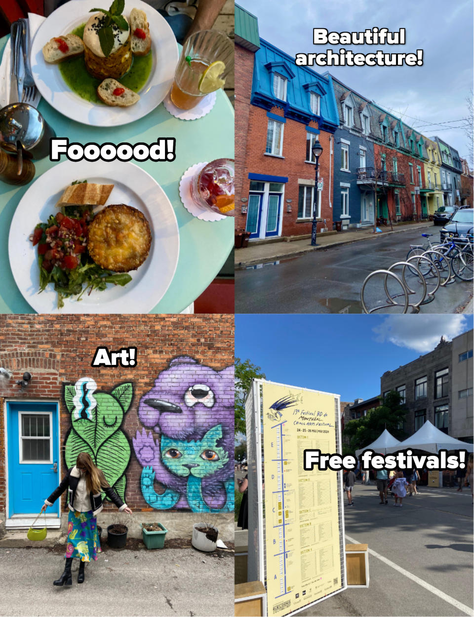 Four travel scenes: A restaurant table with gourmet dishes, a street view of colorful row houses, a person walking past street art, and a lively outdoor market