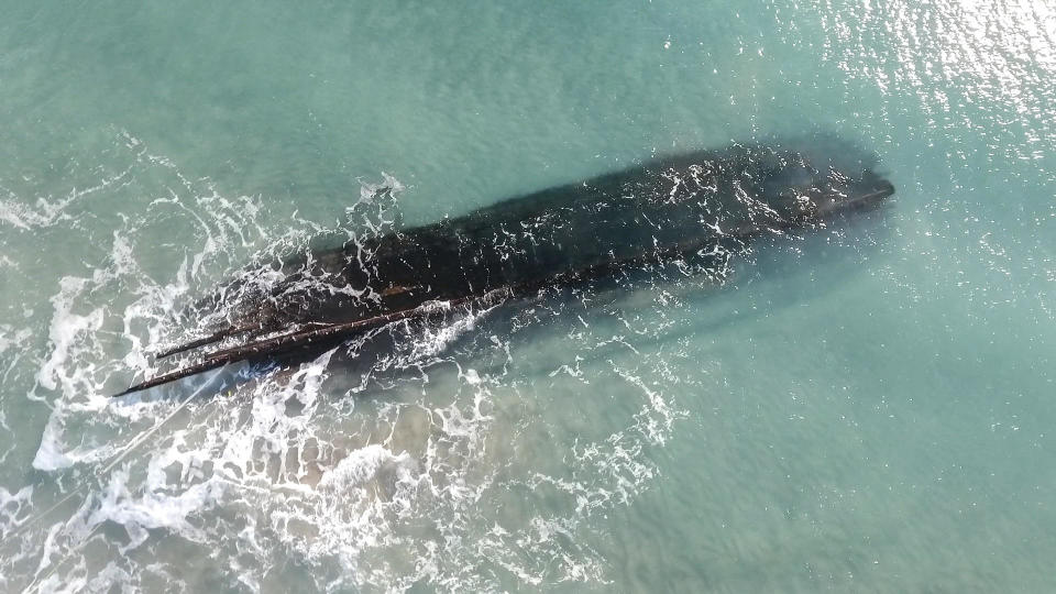 An aerial view of an old shipwreck on the shore of Cape Ray, Newfoundland and Labrador, Canada on January 30, 2024.  / Credit: COREY PURCHASE/AFP via Getty Images