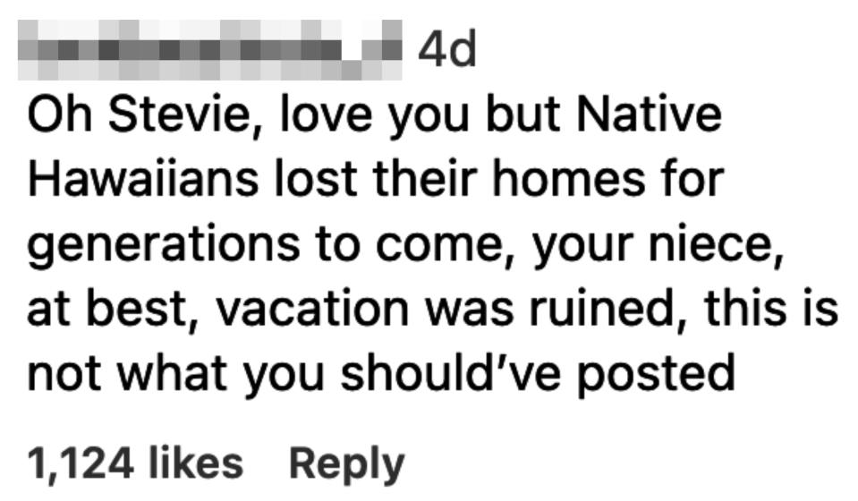 "Oh Stevie, love you but Native Hawaiians lost their homes for generations to come, your niece, at best, vacation was ruined, this is not what you should've posted"