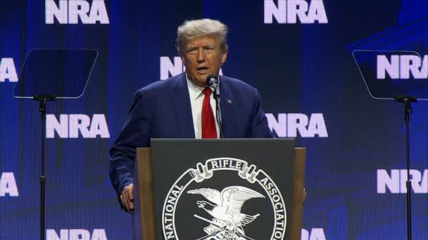 PHOTO: In this screen grab from a video, former President Donald Trump speaks at the National Rifle Association (NRA) annual convention in Indianapolis, on April 14, 2023. (Pool via ABC News)