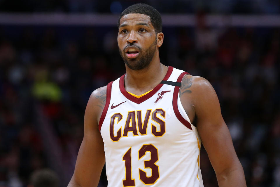 Tristan Thompson #13 of the Cleveland Cavaliers reacts against the New Orleans Pelicans during the second half at the Smoothie King Center.