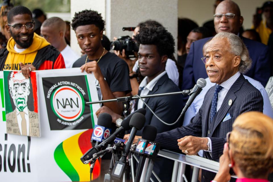 Al Sharpton speaks to a crowd of hundreds from the steps of the Senate portico during the National Action Network demonstration in response to Gov. Ron DeSantis's efforts to minimize diverse education. The activists chanted and carried signs while making their way from Bethel Missionary Baptist Church in Tallahassee, Florida to the Capitol building Wednesday, Feb. 15, 2023.