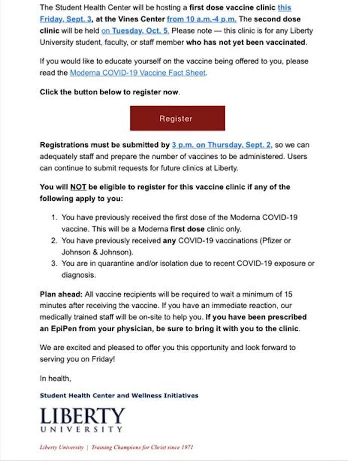 An email offering free COVID-19 vaccines to Liberty University students, faculty, and staff. (Courtesy of a Liberty University student)