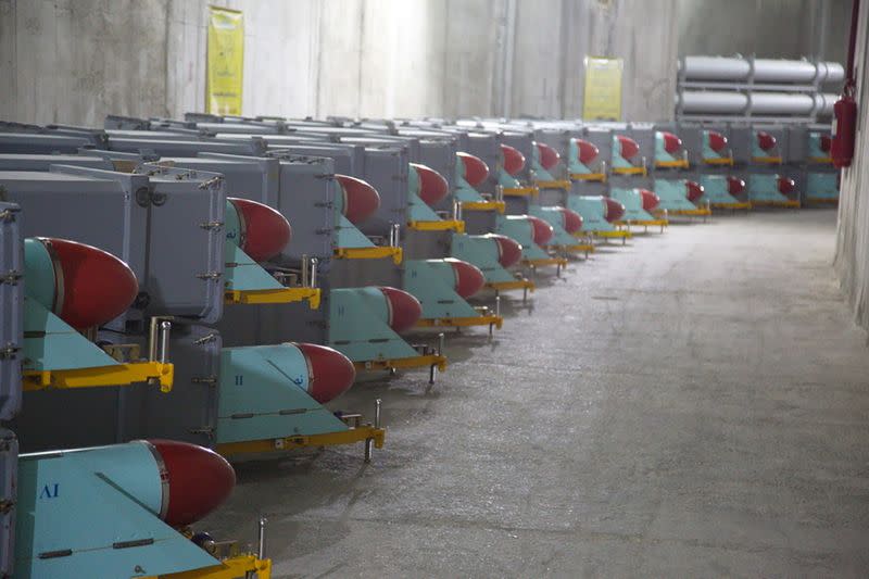 Iranian missiles are seen at an underground of the new "missile cite" of Iran's Revolutionary Guards naval unit at an undisclosed location in Iran