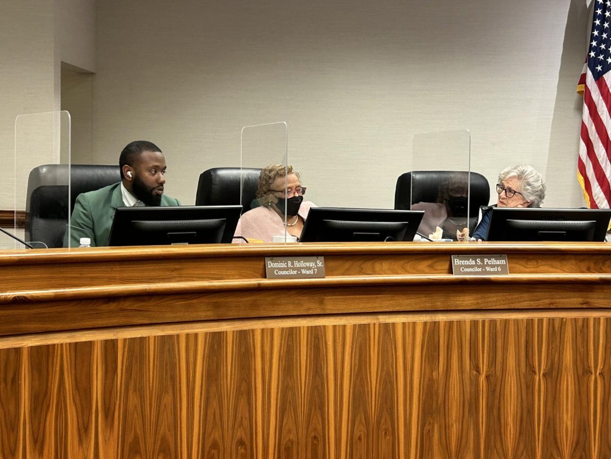 From left, Ward 7 Councilor Domonic Holloway speaks during discussion about a conflict-of-interest ordinance Tuesday, March 26, 2024, in Hopewell's council chambers. Beside him are Ward 6 Councilor Brenda Pelham, who sponsored the ordinance, and Ward 5 Councilor Janice Denton, who opposed it.