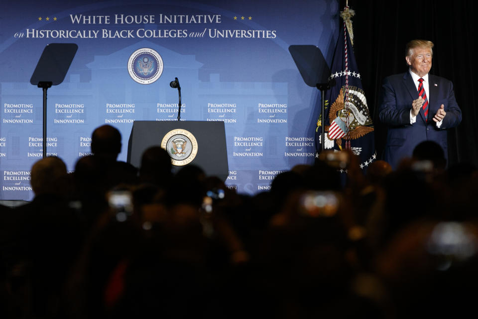 President Donald Trump arrives to speak at the 2019 National Historically Black Colleges and Universities (HBCU) Week Conference, Tuesday, Sept. 10, 2019, in Washington. (AP Photo/Jacquelyn Martin)