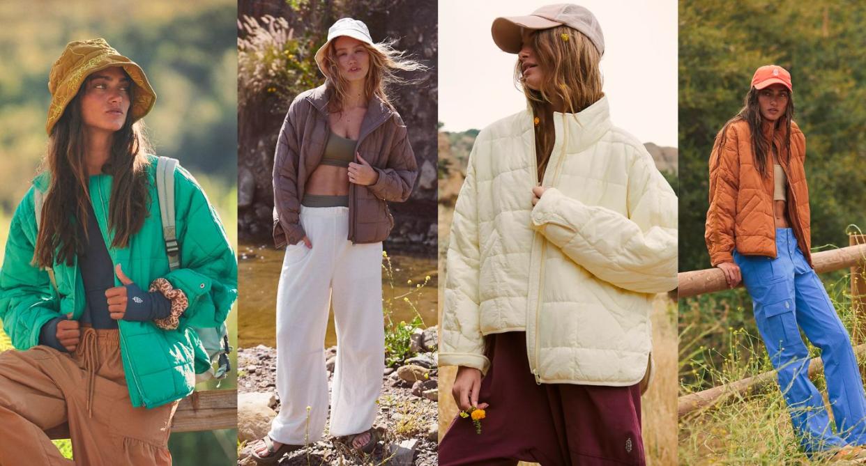 four different colours of the free people puffer jacket on different people