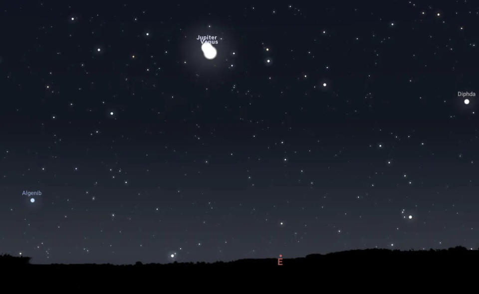 A conjunção entre os planetas Vênus e Júpiter por volta das 4h45 do dia 1° de maio (Imagem: Reprodução/Stellarium)