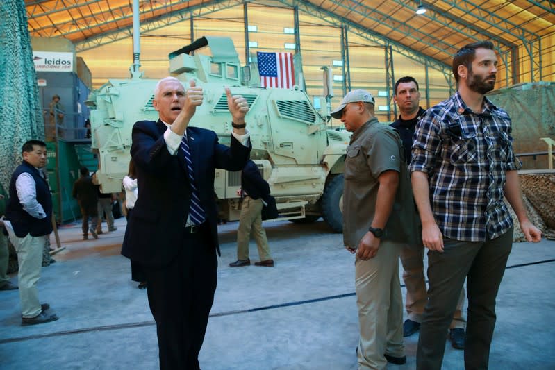 U.S. Vice President Pence greets U.S. troops after his remarks at Al Asad Air Base, Iraq