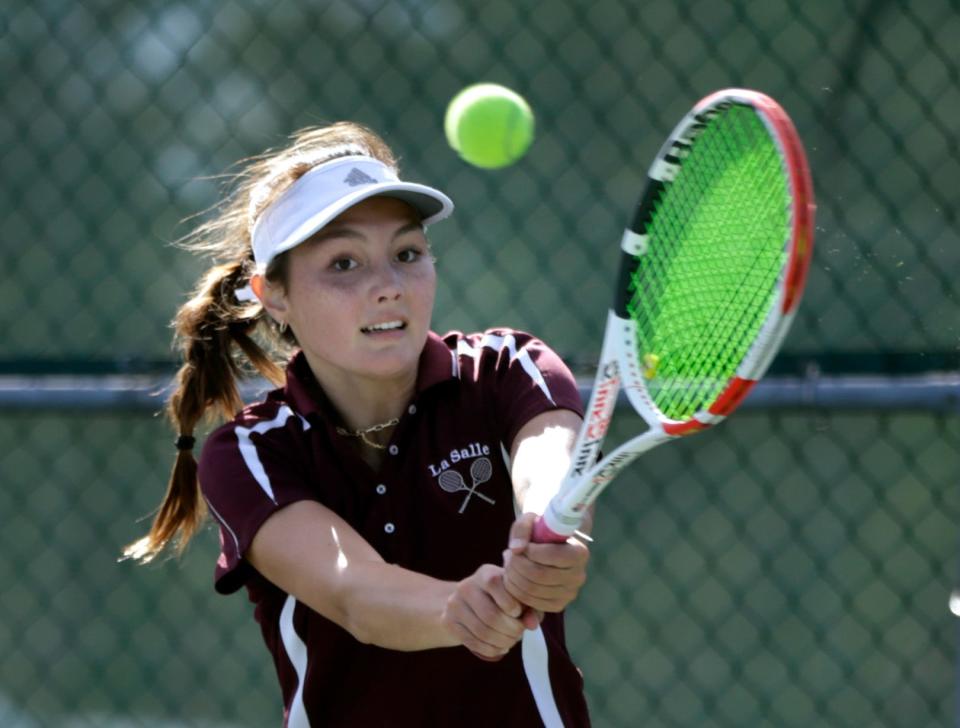 Erin McCusker of LaSalle Academy returns a ball during her Singles Championship win on Oct 17, 2021 at Slater Park in Pawtucket.