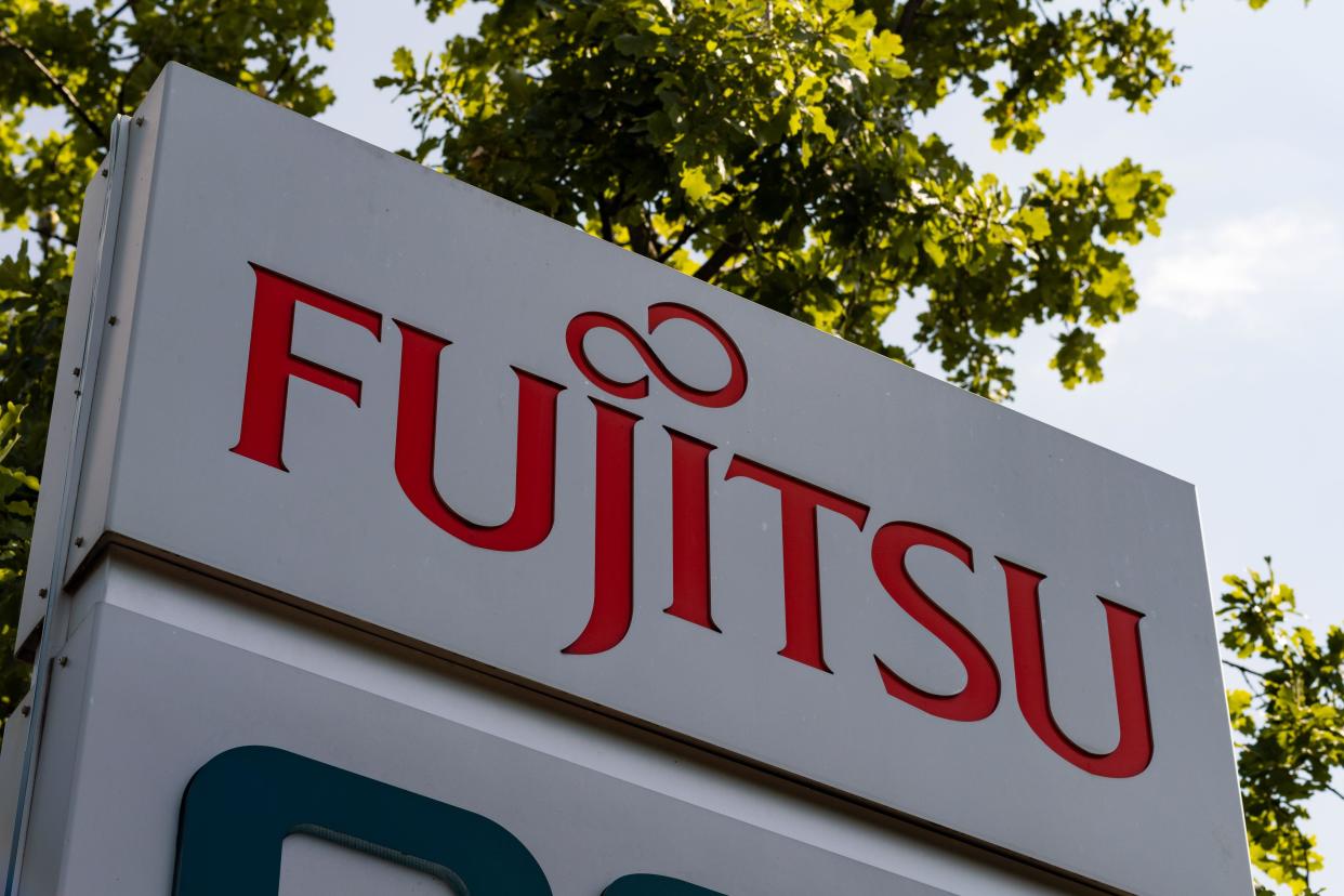Fujitsu logo sign of the Japanese technology company. The IT service provider supports the digital transformation. Equipment and software are products