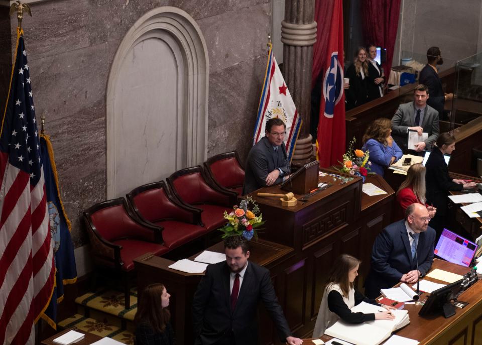 House Speaker Cameron Sexton, R-Crossville, looks to the gallery as people react after HB 1202, a gun bill, is tabled in the state Capitol in Nashville, Tenn., on Monday, April 17, 2023.