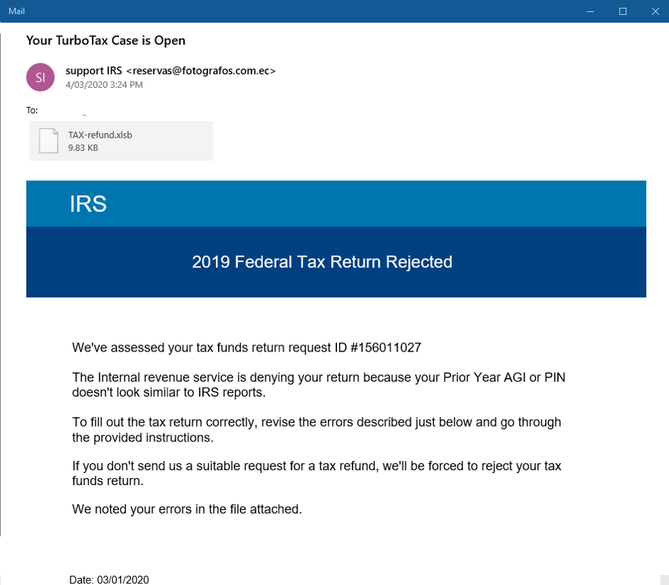 Screenshot of the email that users may receive that is actually a Turbo Tax scam. (Trustwave)