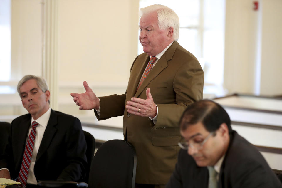 Christopher C. Fallon Jr., center, who is the lawyer for Johnny Bobbitt, argues for his client during a hearing on missing funds in his case in the Olde Historic Courthouse in Mt. Holly, NJ, Wednesday, Sept. 5, 2018. McClure and D'Amico are accused of mismanaging the money raised for Bobbitt. (David Maialetti/The Philadelphia Inquirer via AP, Pool)