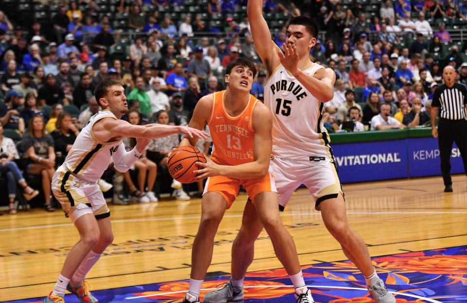 Top-seeded Purdue plays No. 16 seed Grambling State at 7:25 p.m. ET Friday on TBS. Pictured is Boilermakers guard Braden Smith (3) attempting to strip the ball from Tennessee Volunteers forward J.P. Estrella (13) as Zach Edey (15) assists.