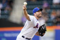 New York Mets' Max Scherzer pitches during the first inning of the team's baseball game against the St. Louis Cardinals on Wednesday, May 18, 2022, in New York. (AP Photo/Frank Franklin II)