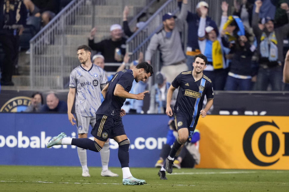 Philadelphia Union's Julián Carranza celebrates after scoring a goal during the first half of an MLS soccer match against CF Montréal, Saturday, June 3, 2023, in Chester, Pa. (AP Photo/Matt Slocum)