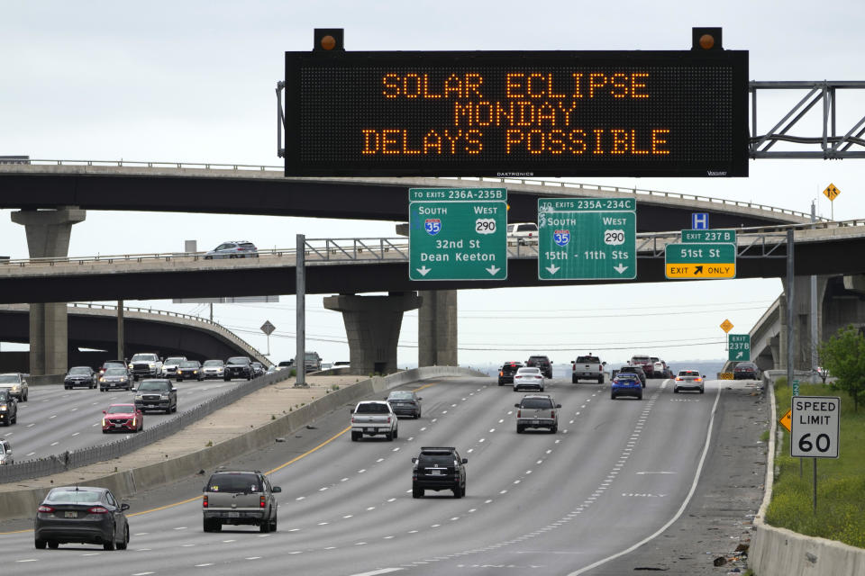 Motorists traveling toward Austin, Texas are reminded of Monday's eclipse and the possibility of traffic delays Saturday, April 6, 2024, in Austin. (AP Photo/Charles Rex Arbogast)