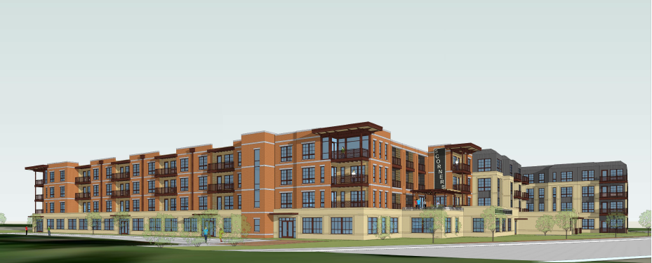 An artist's rendering shows the proposed "5 Corners" apartment complex along Eddy Street in South Bend, just southeast of the University of Notre Dame.