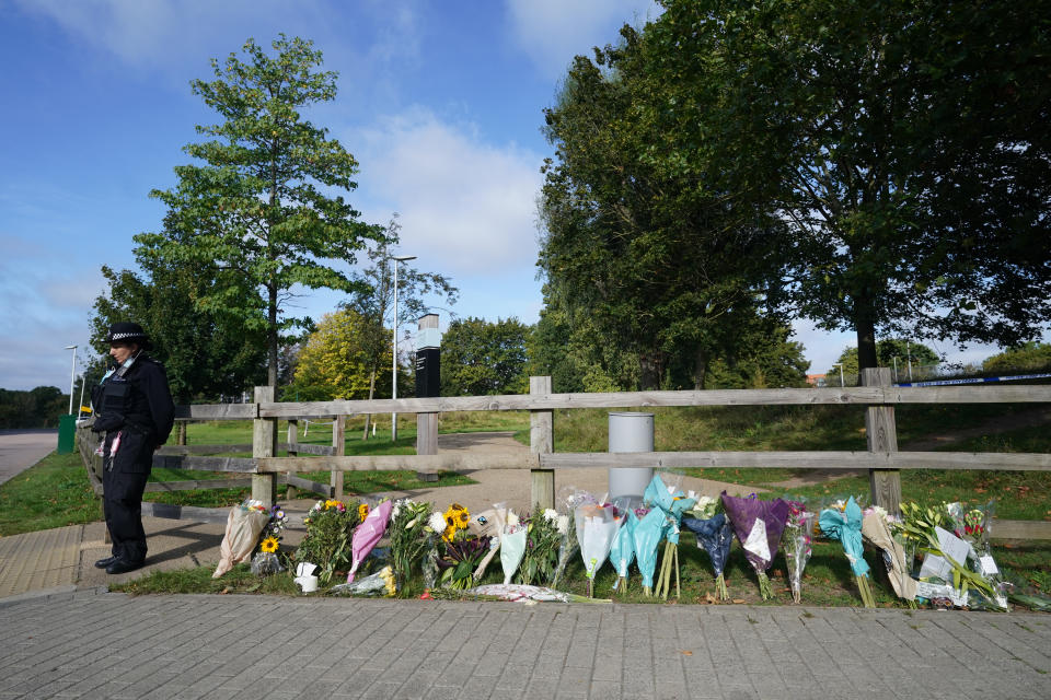 Floral tributes at Cator Park in Kidbrooke, south London, near to the scene where the body of Sabina Nessa was found. Officers investigating the killing of the 28-year-old teacher said she left her home on Astell Road and walked through Cator Park last Friday towards The Depot bar in Pegler Square, Kidbrooke Village, when she was attacked. Picture date: Thursday September 23, 2021.