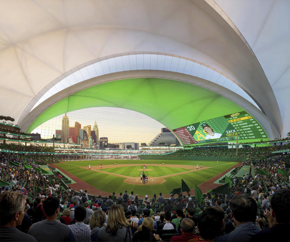 FILE - The Oakland Athletics and their design teams released renderings Tuesday, March 5, 2024 of the club's planned $1.5 billion stadium in Las Vegas that show five overlapping layers with a similar look to the famous Sydney Opera House. The Athletics are on a tight schedule to get agreements in place and demonstrate financing is in place for construction to begin on time for the A’s to play in their new Las Vegas stadium. The A’s hope to open the approximately $1.5 million, 33,000-seat ballpark in time for the 2028 season. (Negativ via AP, File)