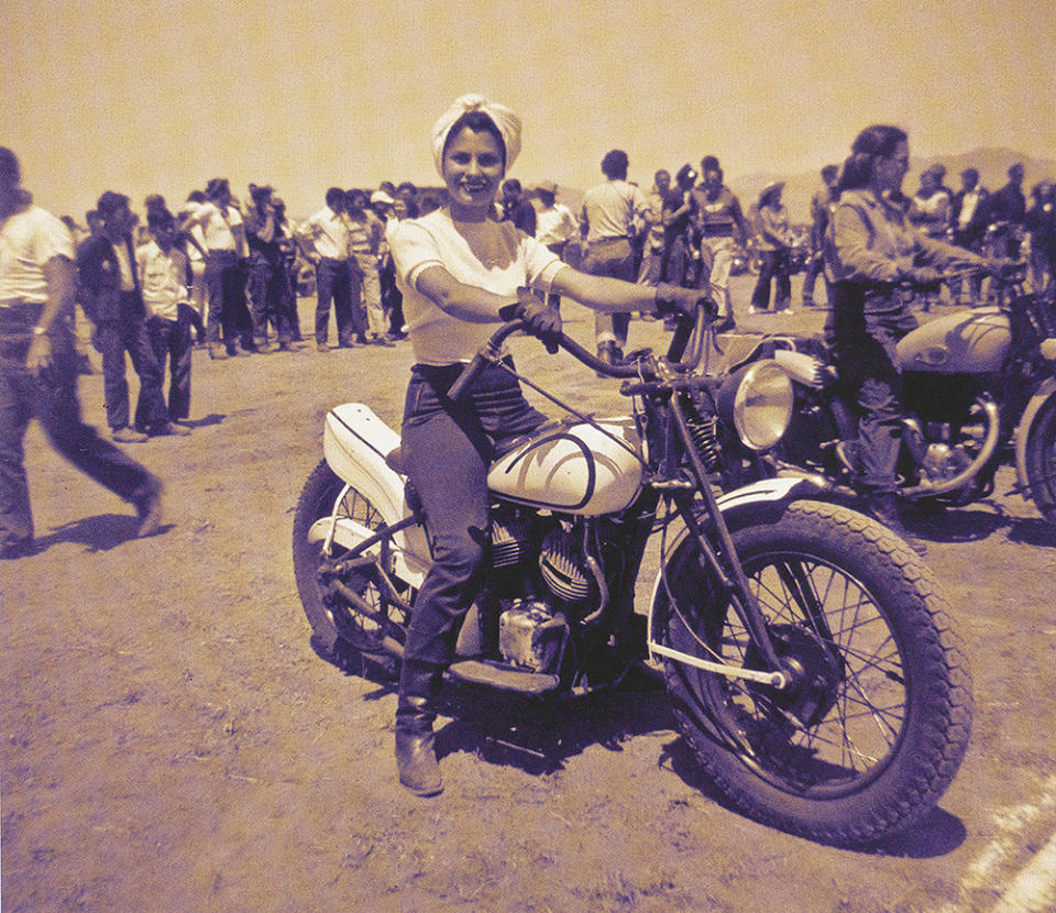 At the starting line on her Indian bobber.