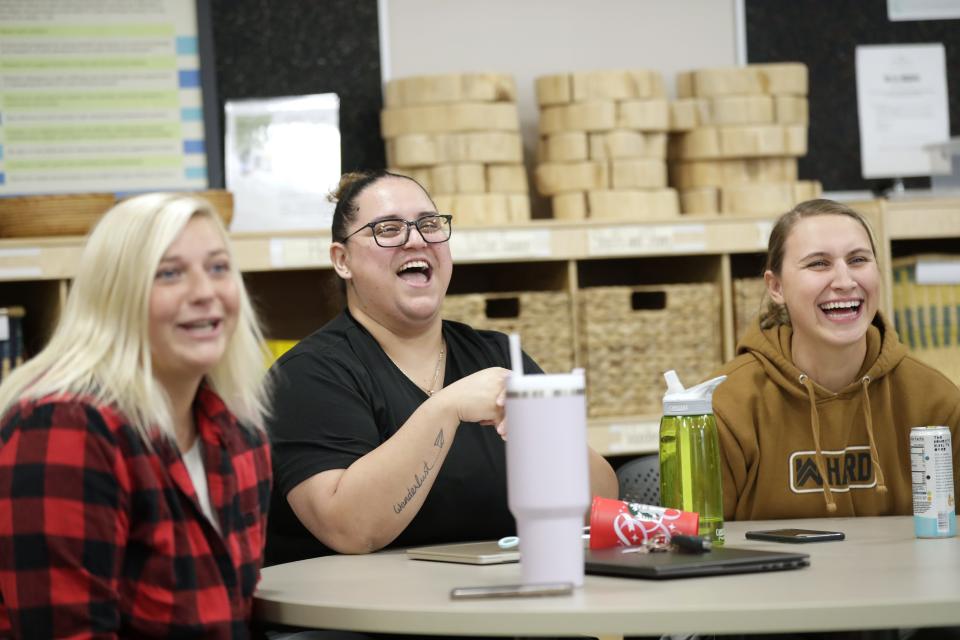 Ysa Villagomez, center, enjoys a charades game as students learn about music and movement during a social studies, art and music class at Fox Valley Technical College Thursday, April 20, 2023, in Appleton, Wis. The class is taught by instructor Erica Berndt and is part of the early childhood education program.
Dan Powers/USA TODAY NETWORK-Wisconsin.