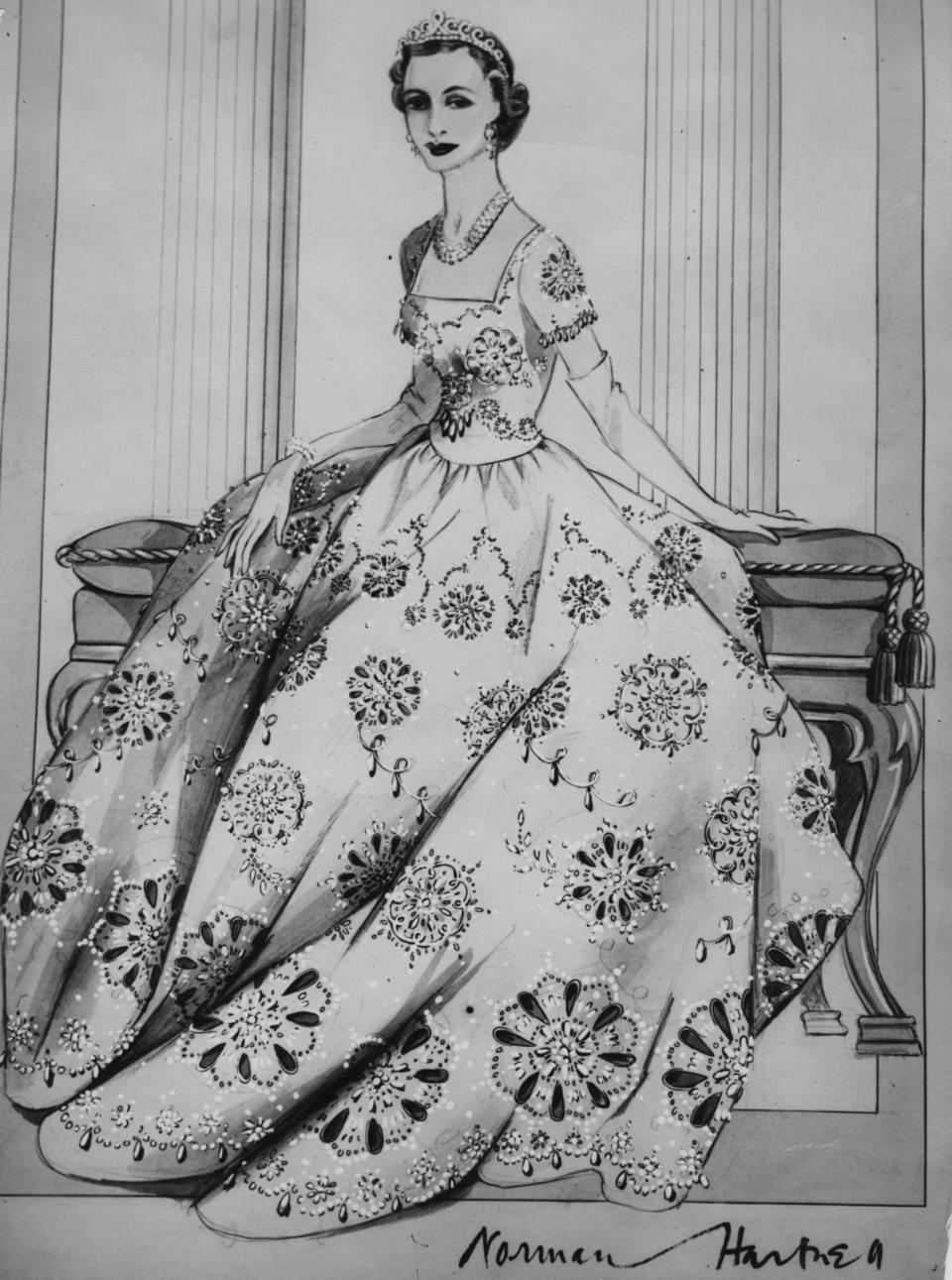 The original Norman Hartnell drawing for the dress Princess Margaret wore at the coronation 