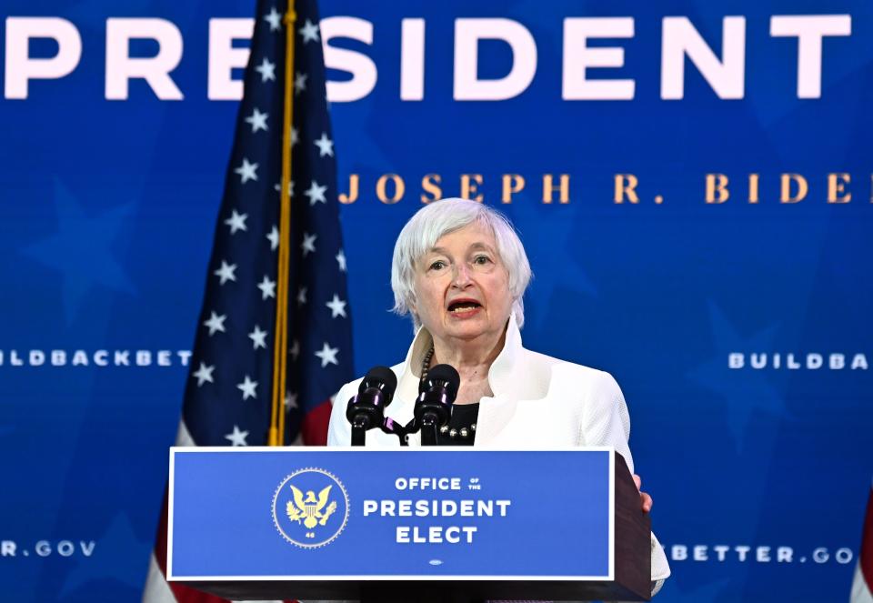 Treasury secretary nominee Janet Yellen speaks after President-elect Joe Biden announced his economic team at The Queen Theatre in Wilmington, Delaware (AFP via Getty Images)