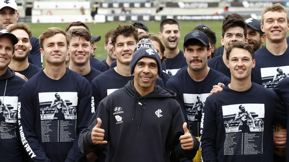 Eddie Betts' Carlton teammate donned special shirts at training to honour the Indigenous star before his 350th and final AFL game. (Photo by Darrian Traynor/Getty Images)