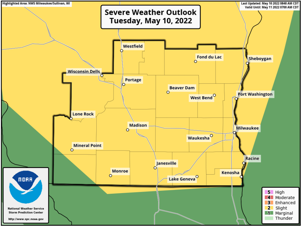 All of southern Wisconsin is under a risk for severe storms on Tuesday. The areas highlighted in yellow are under the highest risk.