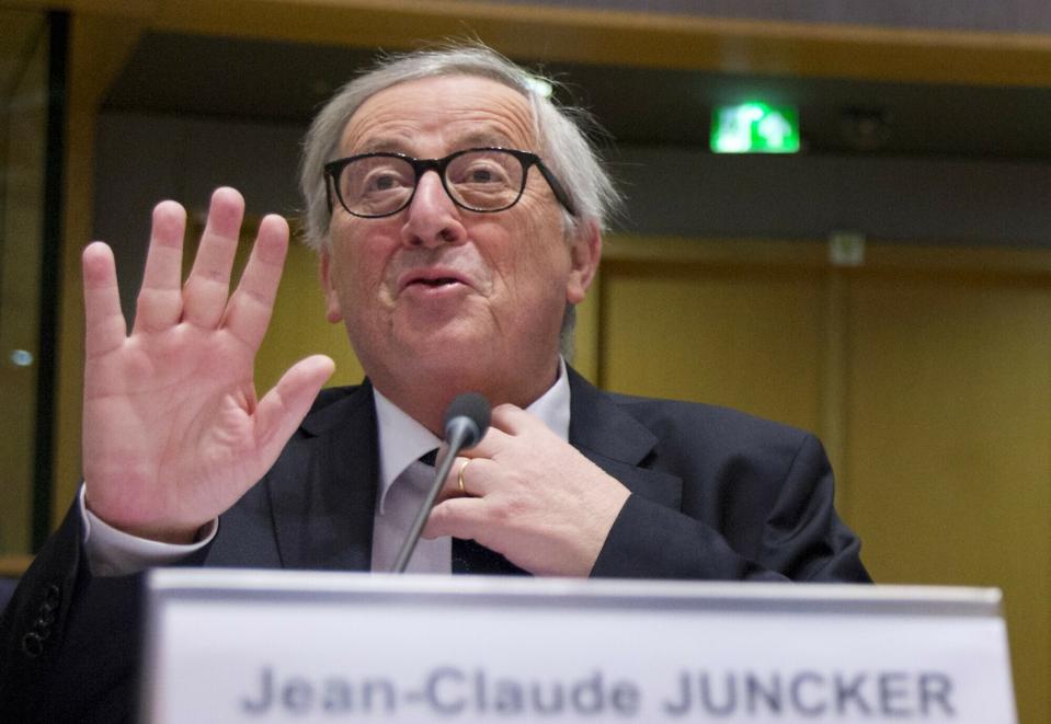 European Commission President Jean-Claude Juncker waves before the start of a meeting at the Europa building in Brussels, Wednesday, March 20, 2019. European Union officials received a letter from British Prime Minister Theresa May requesting a Brexit extension and they hope to have more clarity about her intentions by Thursday. (AP Photo/Virginia Mayo)