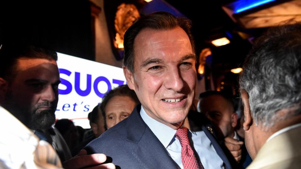 PHOTO: Tom Suozzi greets supporters after his victory in the special election to replace Republican Rep. George Santos on February 13, 2024 in Woodbury, New York. (Stephanie Keith/Getty Images)