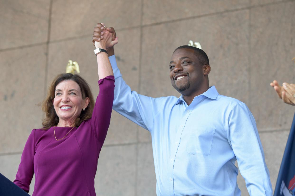 New York Gov. Kathy Hochul, left, and then-Lt. Gov. Brian Benjamin appear at an event in Harlem, Aug. 26, 2021. 