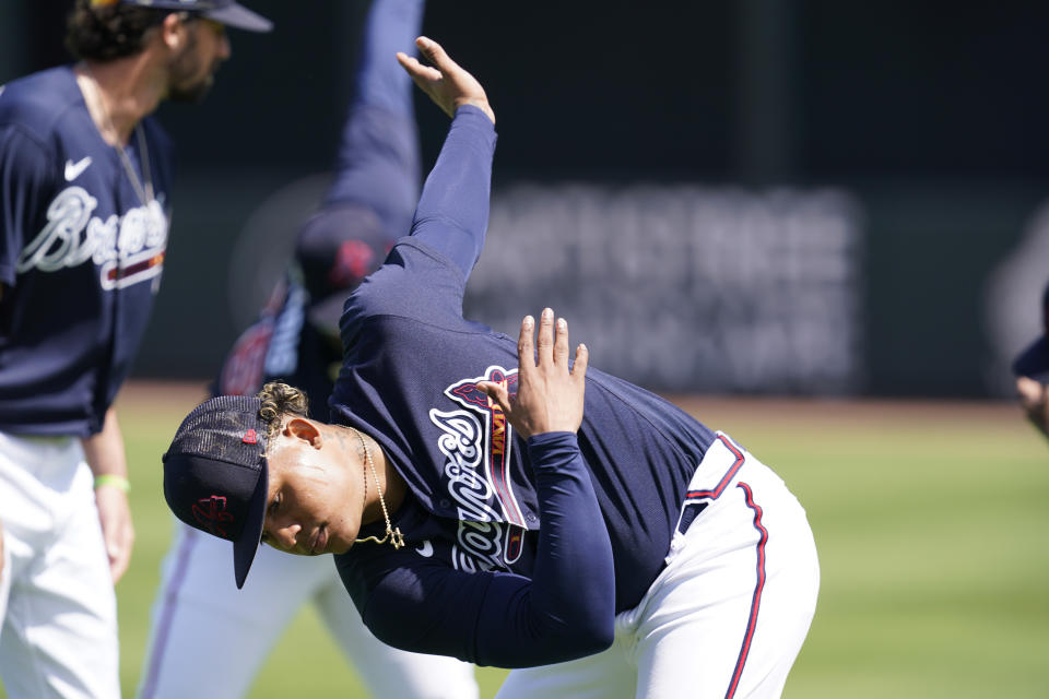 Atlanta Braves outfielder Christian Pache warms up during baseball spring training at CoolToday Park in North Port, Fla., Monday, March 14, 2022. (AP Photo/Steve Helber)