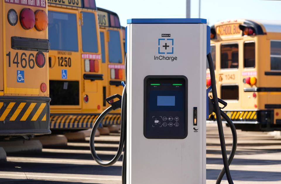 A charger for electric school buses at the Austin Independent School District Southeast Bus Terminal on Monday January 29, 2024.