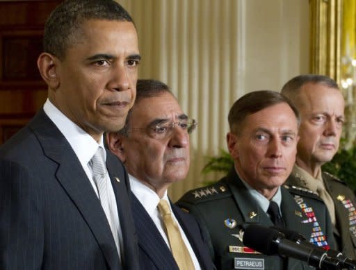 US President Barack Obama (L) is pictured with Leon Panetta (2nd L), General David Petraeus (2nd R) and General John Allen (R). Obama was confronted by the sex scandal that has rocked the US security establishment as he prepared his first news conference since the reelection