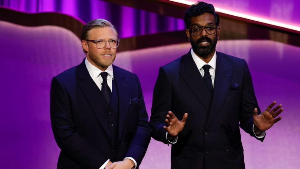 Rob Beckett and Romesh Ranganathan speak onstage during the 2024 BAFTA Television Awards
