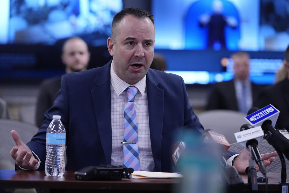 Deputy Matthew Noyes of the Androscoggin County Sheriff's Office gives testimony Thursday, March 7, 2024, in Augusta, Maine, during a hearing of the independent commission investigating the law enforcement response to the mass shooting in Lewiston, Maine. (AP Photo/Robert F. Bukaty)