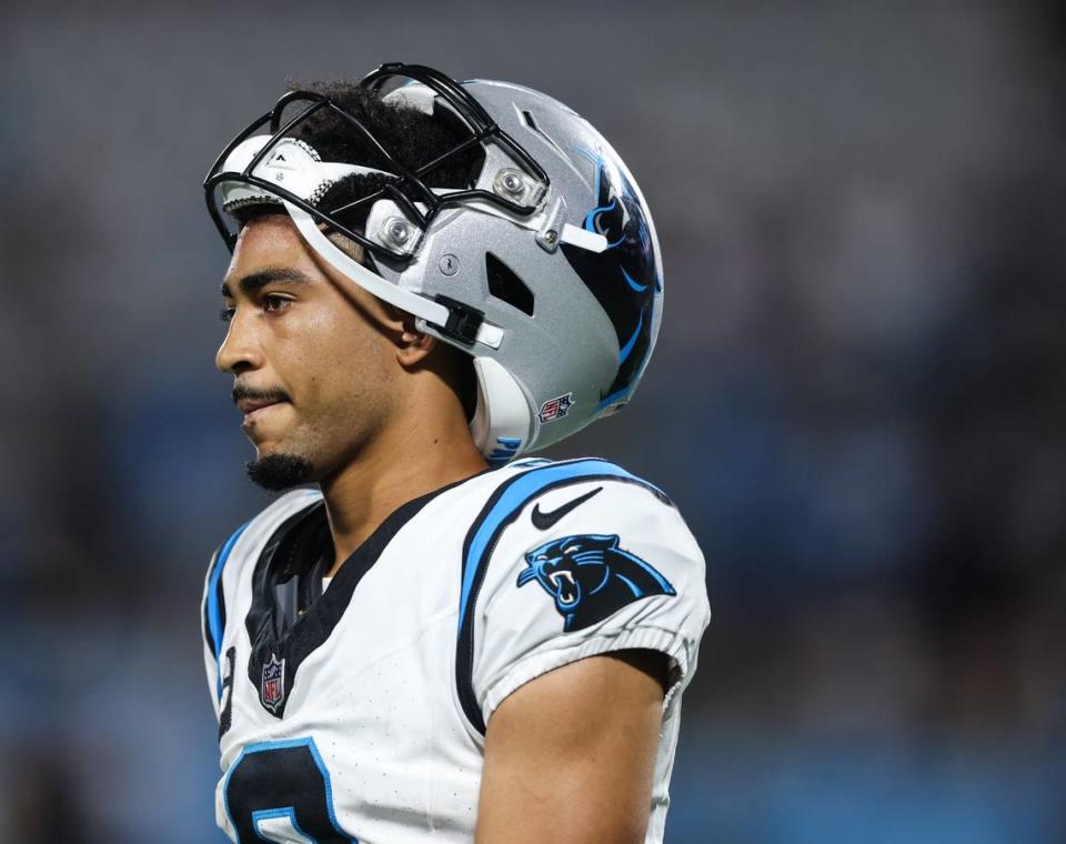 Carolina Panthers quarterback Bryce Young takes his helmet off during the 4th quarter at the Bank of America Stadium in Charlotte, N.C., on Monday, September 18, 2023.